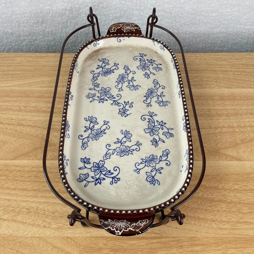 Temp-tations by Tara Floral Lace Cobalt Blue Ceramic 2 qt Trivet with Metal Rack